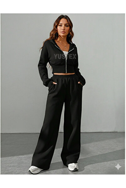 CAONNES KIŞLIK Şardonlu Kadın Siyah Eşofman Altı İçi Pamuklu Kış Kombini Bagg...