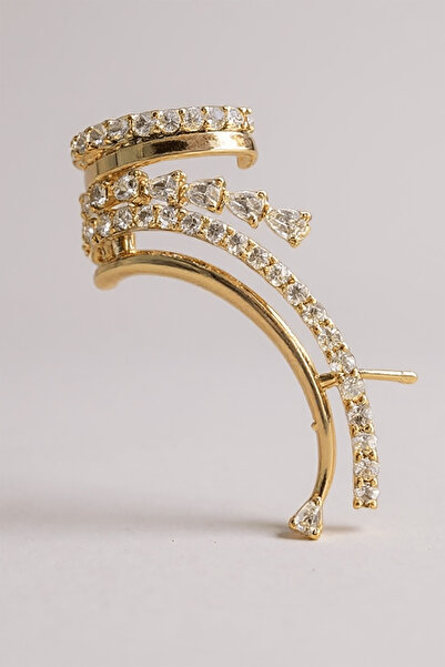 TAKIŞTIR Altın Renk Taş Detaylı 14K Altın Kaplama TX Ear Cuff (Tek)