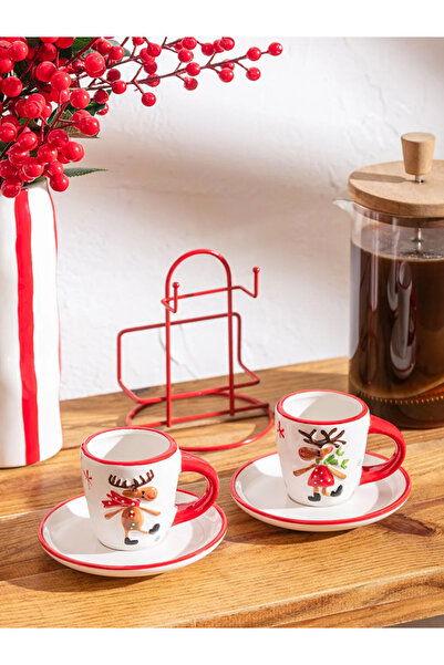 LC Waikiki Lcw Home Mixed Christmas Themed Coffee Cup Set for 2 People with Stand 85 ml