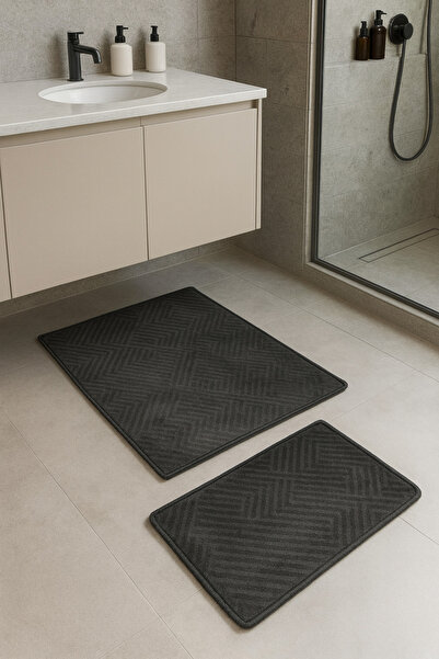 Geus Halı Bathroom Mat Set of 2 Anthracite Soft Non-Slip Base Washable Stain ...