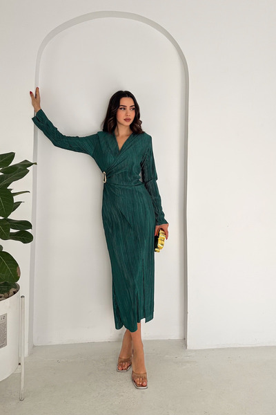 MODAMİNEM Double-Breasted Women's Pleated Dress with Collar Buckle Detail