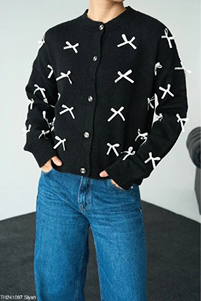 cemo White Ribbon Bow Detailed Button Closure Women's Knitted Cardigan