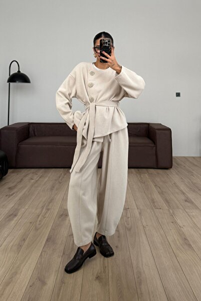 SHILSEE BEUTİQUE Women's Large Buttoned Waist Belted Knitwear Set Beige