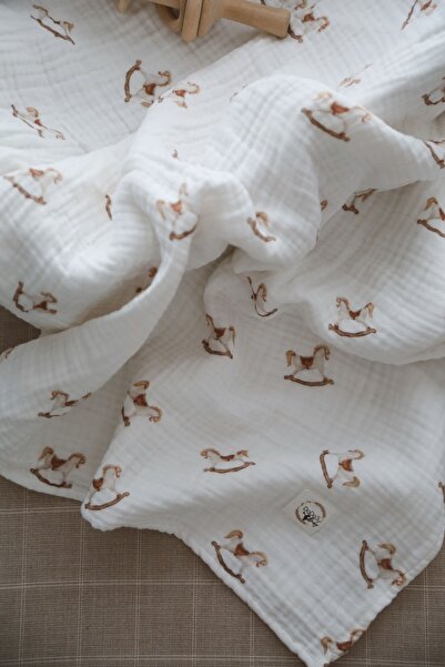 DoDo'S Baby Rocking Horse Patterned 4-Layer Muslin Blanket – 100% Cotton, Breathable, Soft Baby Blanket