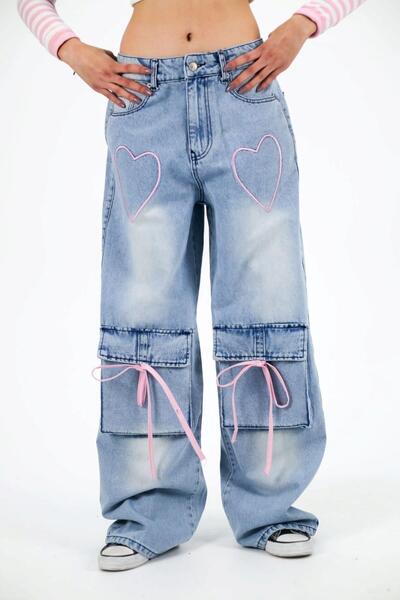 Karakedi Blue Jeans Baggy Jeans with Heart & Ribbon Pockets