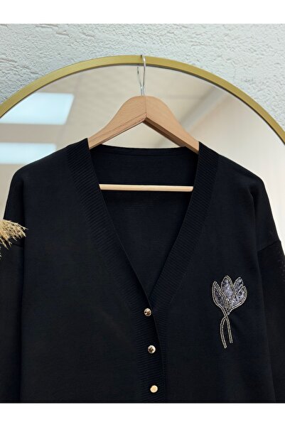 MİHRA STORE Gavessa Stone Embroidered Cardigan with Metal Buttons on the Sleeves and Front-Sy3260 Black