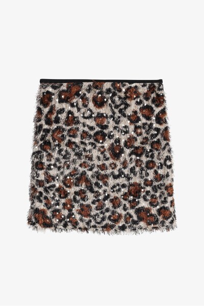 Quzu Sequined Leopard Print Mini Skirt Brown