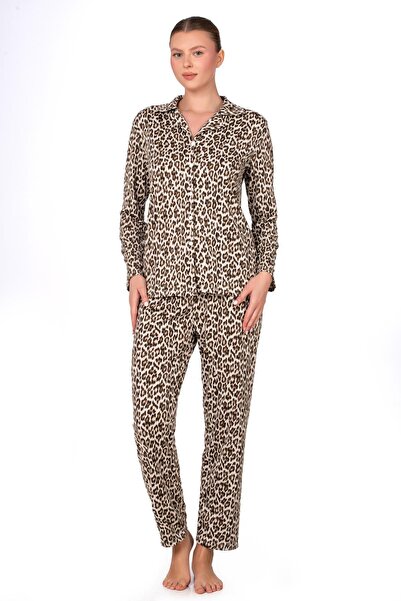 Kompedan Lizbon Kumaş Leopar Desenli İçi Şardonlu Önden Düğmeli Kadın Pijama Takımı