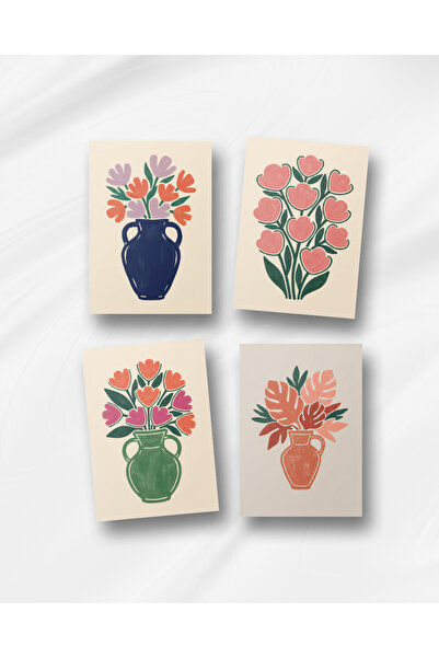 Zevahir Mobilya Dekorasyon 4 Adet Pastel Çiçek Vazoları Poster Seti