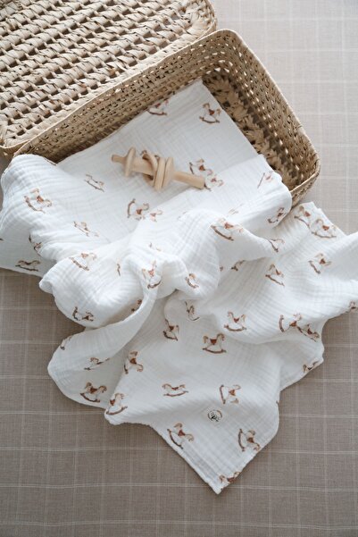 DoDo'S Baby Rocking Horse Patterned 4-Layer Muslin Blanket – 100% Cotton, Breathable, Soft Baby Blanket