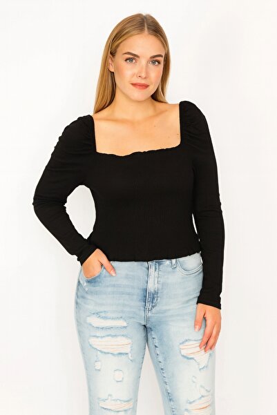 Şans Women's Plus Size Black Size Part Gipe Elasticated Karmen Collar Long Sleeve Crop Blouse 65N39260