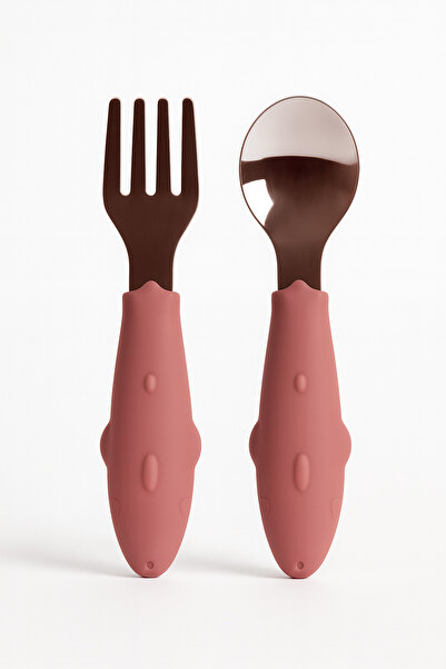 ELYA BABY Köpek Balığı Figürlü Silikon Saplı Bebek Çatal Kaşık Seti Pembe