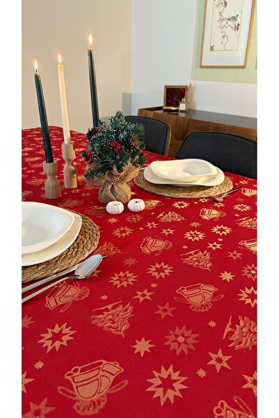 homease Glitter Jacquard Christmas Tablecloth – Red |   Pine Tree, Bell and Star Patterned