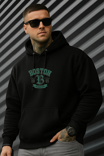 EydaMoon Men's Winter Boston Printed Cotton Hooded Kangaroo Pocket Sweatshirt