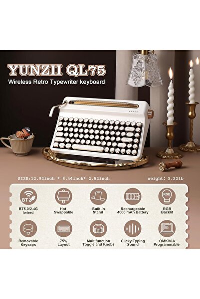 YUNZII QL75 Wireless Retro Typewriter Hot-Swap Mechanical Keyboard (White, Cocoa Cream V2)