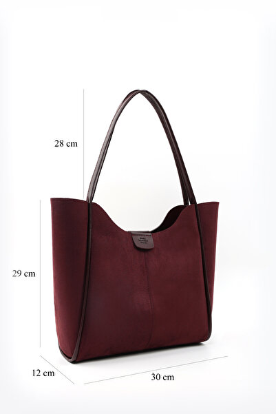 SHAKA Burgundy Suede Shk76 Large Size Women's Hand and Shoulder Bag with Snap Fastener, Wicking Strap, and Faux Leather Makeup Bag