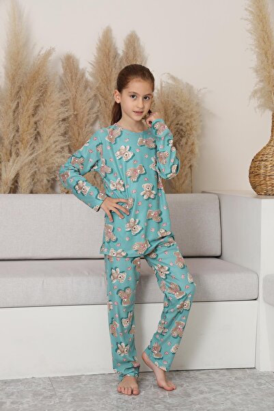Kompedan Kız Çocuk Süet Turkuaz Ayıcık Pijama Takım | 140