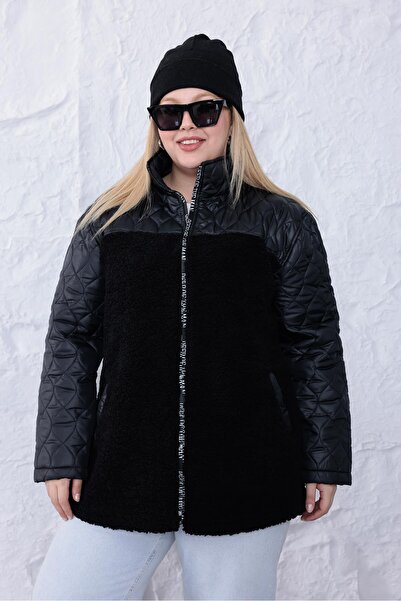 Siyezen Plus Size Quilted Plush Detailed Coat