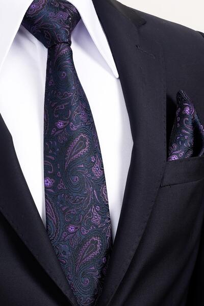 Esgue Κλασικό φαρδύ μαντήλι 8 εκ. χειροποίητο μπλε ναυτικό - μωβ μοτίβο με μαντήλι