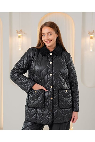 FUERTE XL Plus Size Fur Collar Quilted Stitched Coat