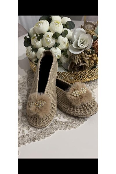 ruhaay El Örgüsü Keçe Tabanlı Taş Detaylı Örme Patik