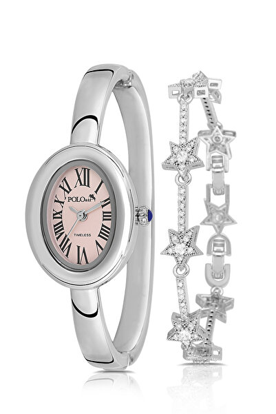 Polo Air ساعة يد نسائية بعلبة بيضاوية مع مشبك وسوار نجمة مزيج من اللون الفضي ...