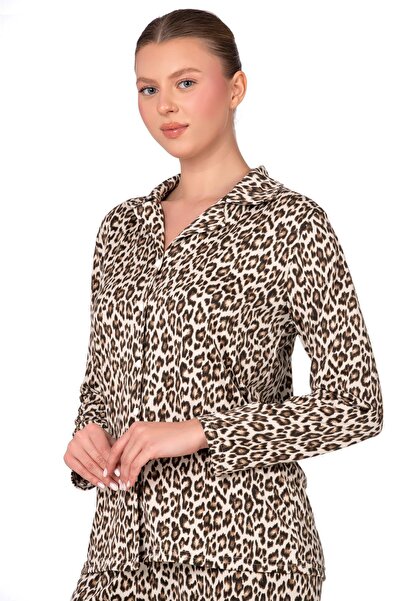 Kompedan Lizbon Kumaş Leopar Desenli İçi Şardonlu Önden Düğmeli Kadın Pijama Takımı