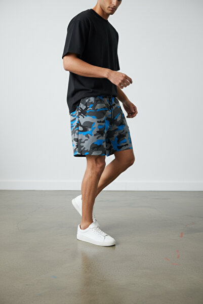 ERSUNO Erkek Neon Mavi Kamuflaj Bol Kesim Şort