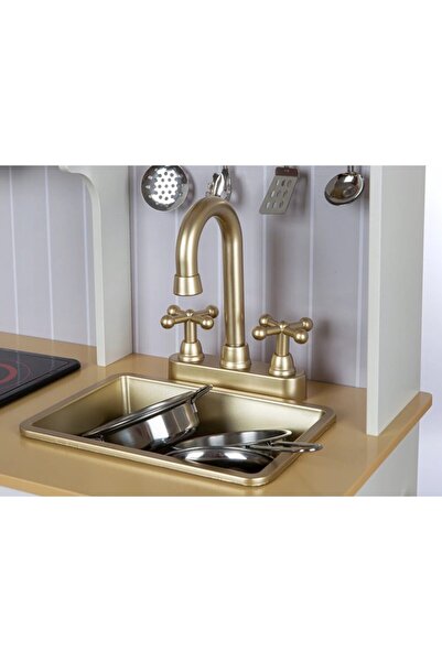 Smart Vibe Elegant Wooden Children's KitchenKinderVibe Kitchens with LED, Sound, Accessories, 103 cm, White Gold