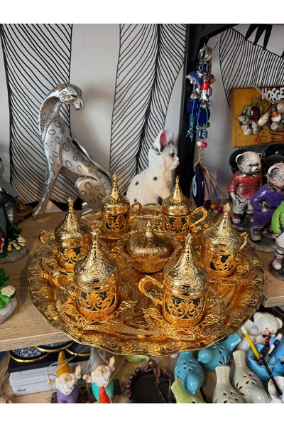 Atak Hediyelik 6 kişilik dövme altın kaplama bakır fincan seti tepsili, lokum...