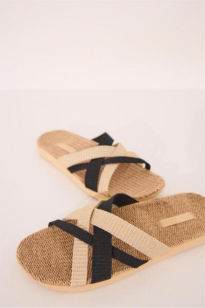 Perspective Women Secret Бежево-чорні пляжні капці з ремінцем