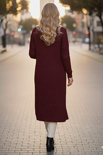 benguen Zigzag Patterned Long Knitwear Cardigan R4470 Claret Red