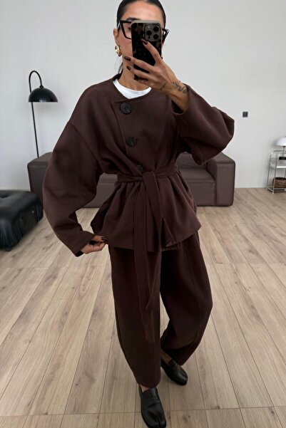 SHILSEE BEUTİQUE Women's Large Buttoned Waist Belted Knitwear Set Brown