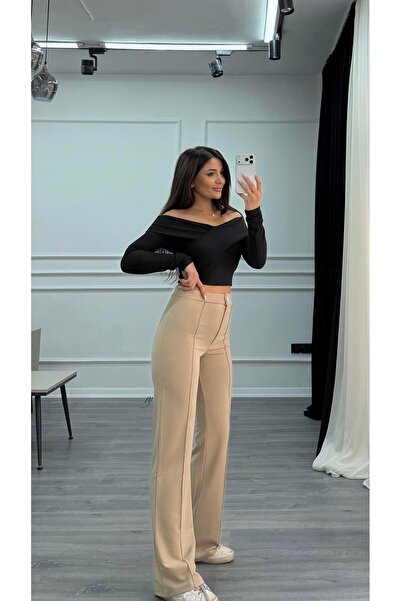 Daves Flared Palazzo Pants Beige with Green Front