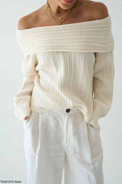 cemo Women's Off-The-Shoulder Rib Knit Wide Neckline Oversized Sweater