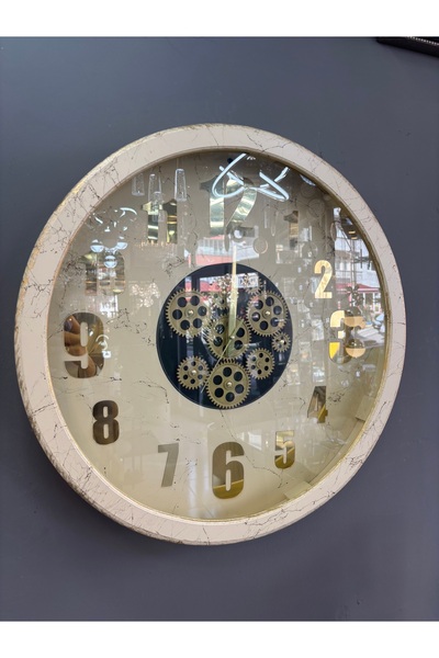 Amisos Dekor 62 cm Çapında Krem Ahşap Çarklı Büyük Duvar Saati – Dekoratif Ta...