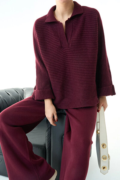 cemo Women's Ribbed Knit Long Sleeve Polo Neck Sweater Tunic