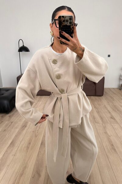 SHILSEE BEUTİQUE Women's Large Buttoned Waist Belted Knitwear Set Beige