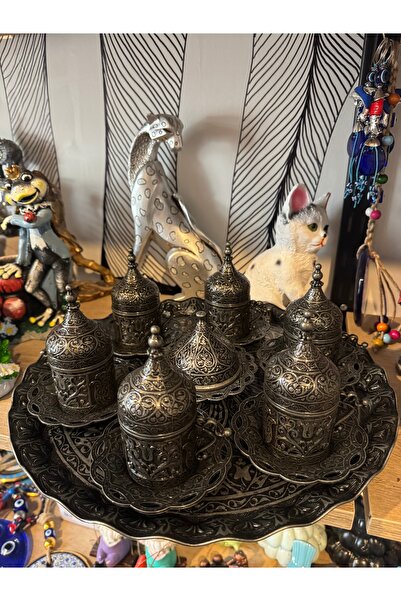 Atak Hediyelik 6-Person Forged Black Copper Cup Set with Tray, Turkish Delight Bowl