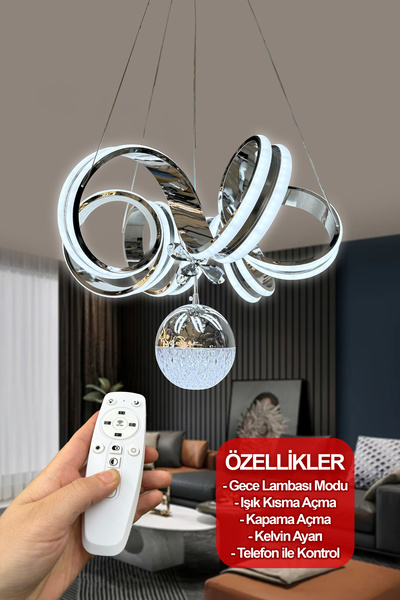 RSCOLLECTIONS Kıvrım Çift Ledli Elmas Toplu Sıra Led Avize Kumandalı Krom