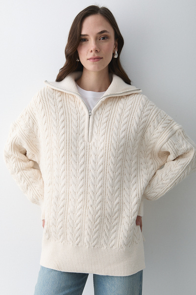 Laluvia Cream Hair Braided Zippered Sweater - 251066