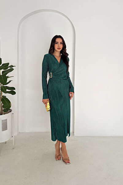 MODAMİNEM Double-Breasted Women's Pleated Dress with Collar Buckle Detail