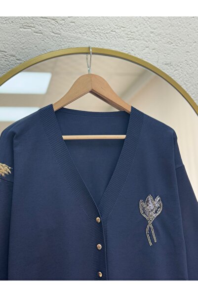 MİHRA STORE Gavessa Stone Embroidered Cardigan with Metal Buttons on the Sleeves and Front-Sy3260 Navy Blue