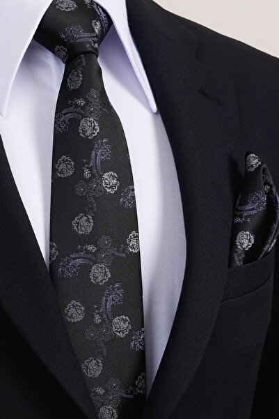 Esgue ربطة عنق كلاسيكية عريضة مصنوعة يدويًا مقاس 8 سم باللون الأسود - نمط زهرة أرجوانية