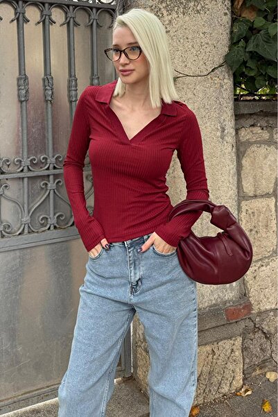 Madmext Burgundy Polo Neck Corded Fabric Women's Bodysuit Mg2566