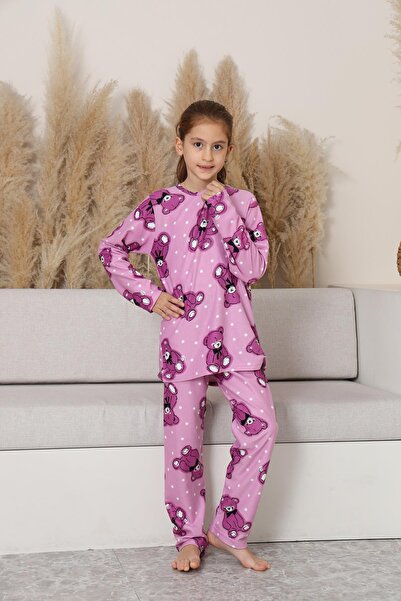 Kompedan Kız Çocuk Süet Lila Ayıcık Pijama Takım | 143