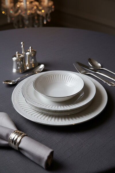 KÜTAHYA HOME Valencia Silver Gümüş Yaldızlı 24 Parça Porselen Yemek Takımı – ...