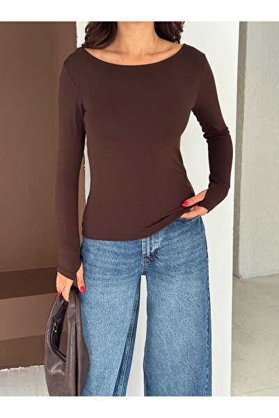 Elaxi Women's Boat Neck Finger-Looped Long Sleeve Full Stretch Fabric Cotton Viscose Buzzy Body T-Shirt