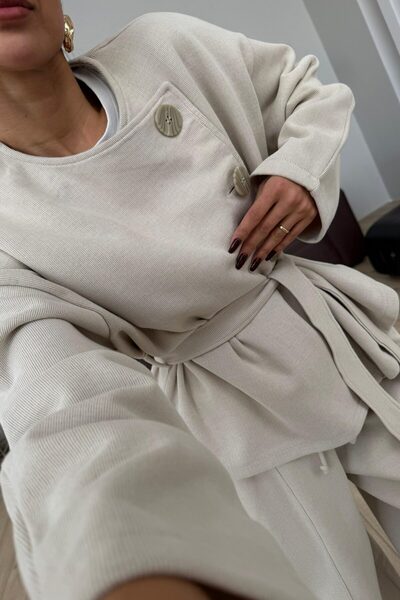 SHILSEE BEUTİQUE Women's Large Buttoned Waist Belted Knitwear Set Beige