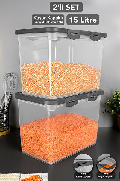 Meleni Home 2-Piece 15 Lt Sliding Lid Grain Storage Container - Sliding Locking Lid Sugar Flour Container Food Storage Container Gray